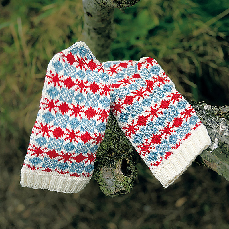 Red, light blue, and raw woven mittens