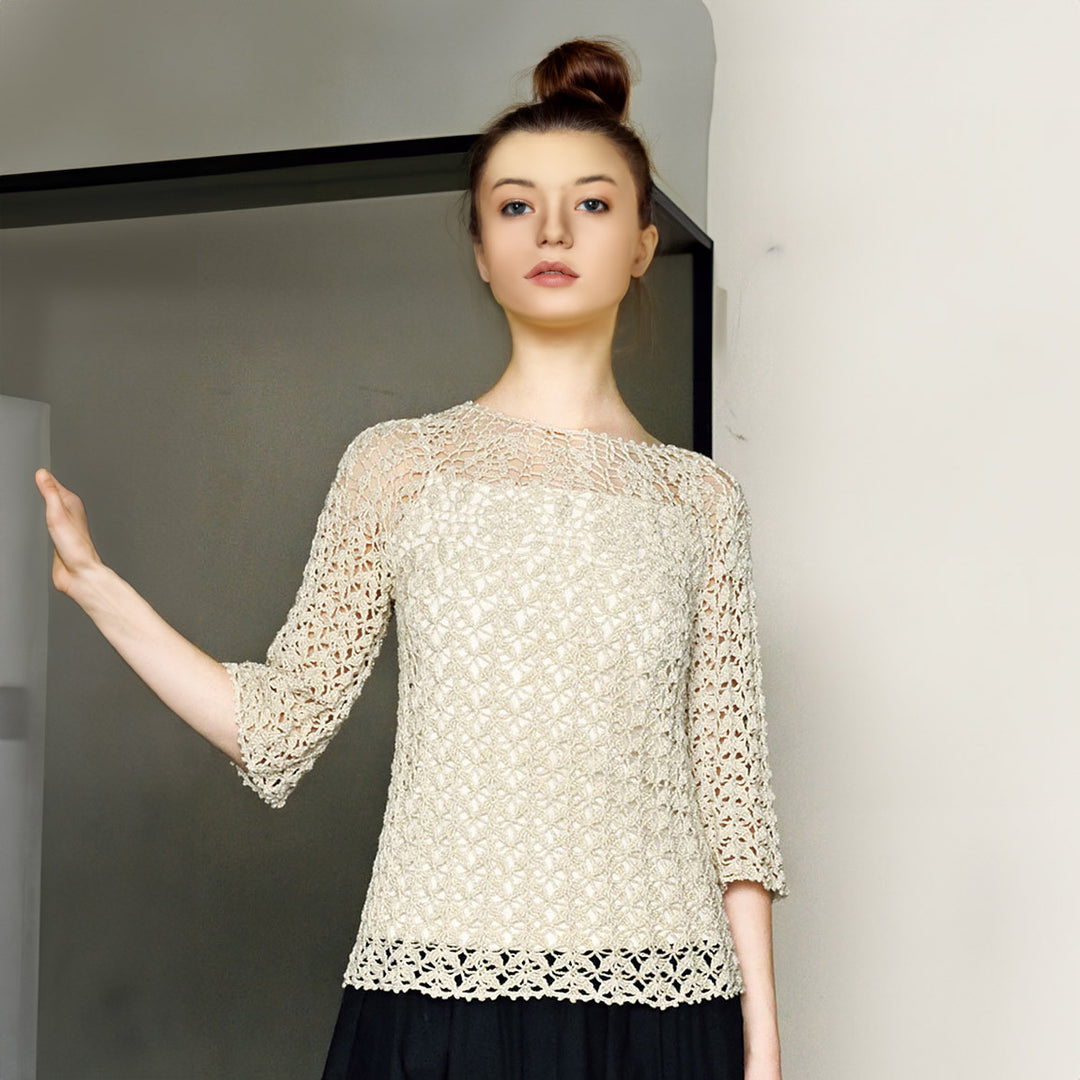 Light beige crochet round yoke pullover