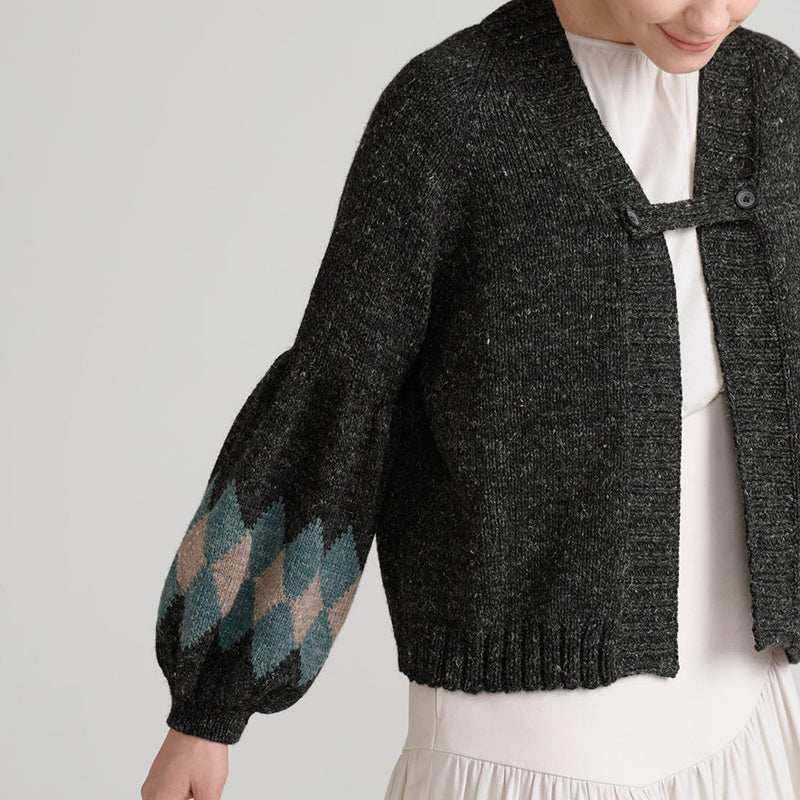 Argyle cardigan with volume sleeves [L/LL]